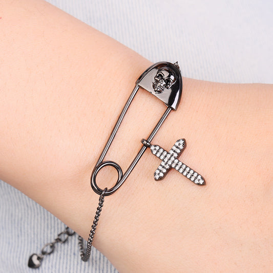 Skull Paperclip Bracelet with Crystal Zircons Cross Sterling Silver_3