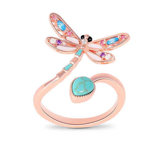 Turquoise Dragonfly Adjustable Ring Rose Gold Plated_1