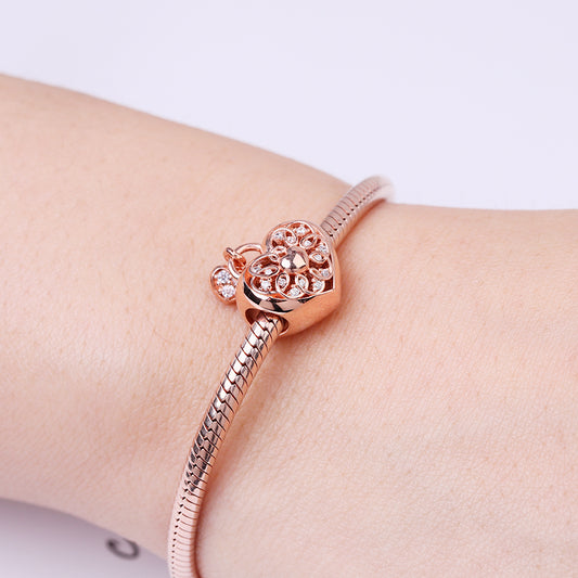 Gnoce "Lock My Heart" Hollow Heart Shaped Lock Charm with CZ Sterling Silver 18k Rose Gold Plated_3