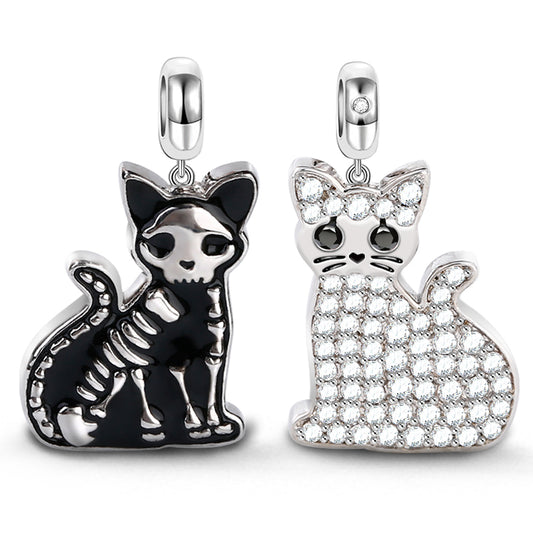 Gnoce "Schrodinger's Cat" Double Sided Cat Skeleton Bones Charm Pendant Sterling Silver two-tone_1