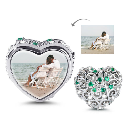 Gnoce "Soulmate" Heart shaped Hollow Photo Beads Charm with Blue Stone_1