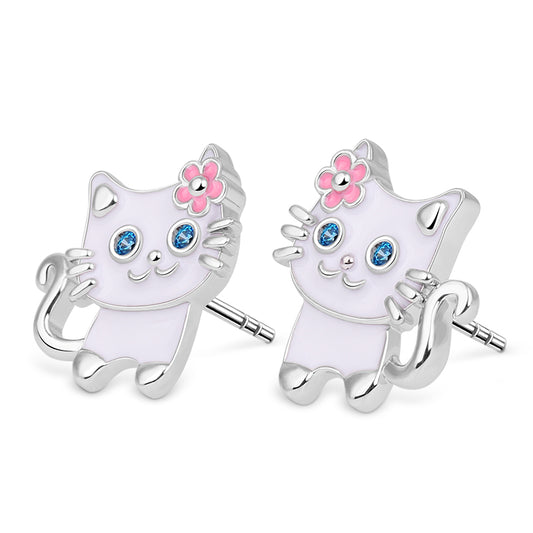 White Cat Wears Flower Stud Earring 925 Sterling Silver_1