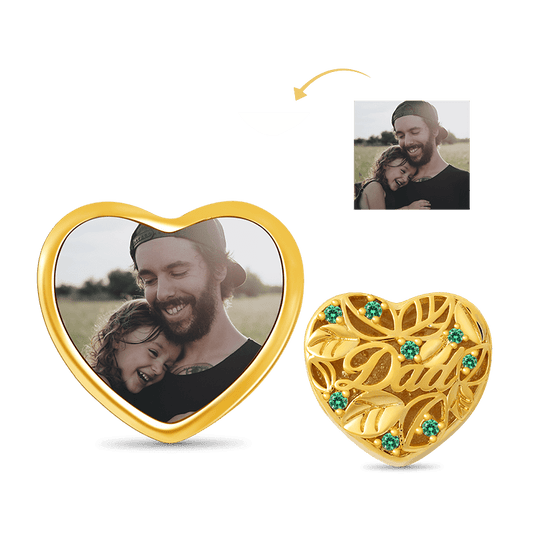 Leaves Heart-shaped Personalized Photo Charm Bead for Dad Sterling Silver 18k Gold Plated_1
