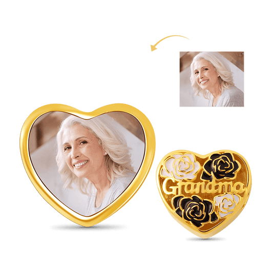 Black & white Flower Heart-shaped Personalized Photo Charm Bead for Grandma Sterling Silver 18k Gold Plated_1