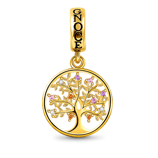 Family Tree Pendant Dangle Charm Sterling Silver 18k Gold Plated inlaid with Multicolour Stones_1