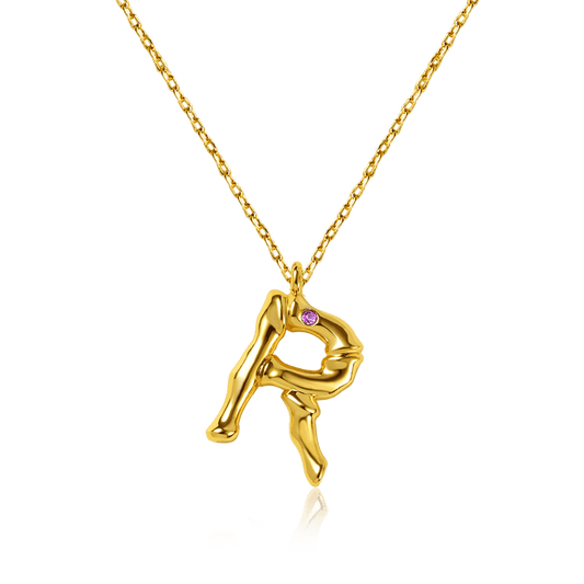 Letter R Pendant Bamboo Initial Necklace Adjustable Chain Length 18k Gold Plated 925 Sterling Silver_1