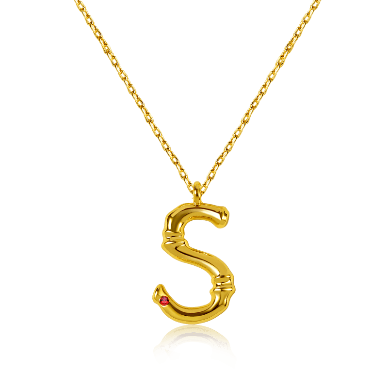 Letter S Pendant Bamboo Initial Necklace Adjustable Chain Length 18k Gold Plated 925 Sterling Silver_1