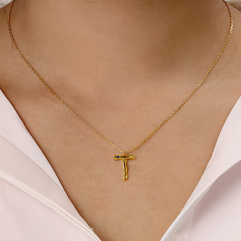 Letter T Pendant Bamboo Initial Necklace Adjustable Chain Length 18k Gold Plated 925 Sterling Silver_4