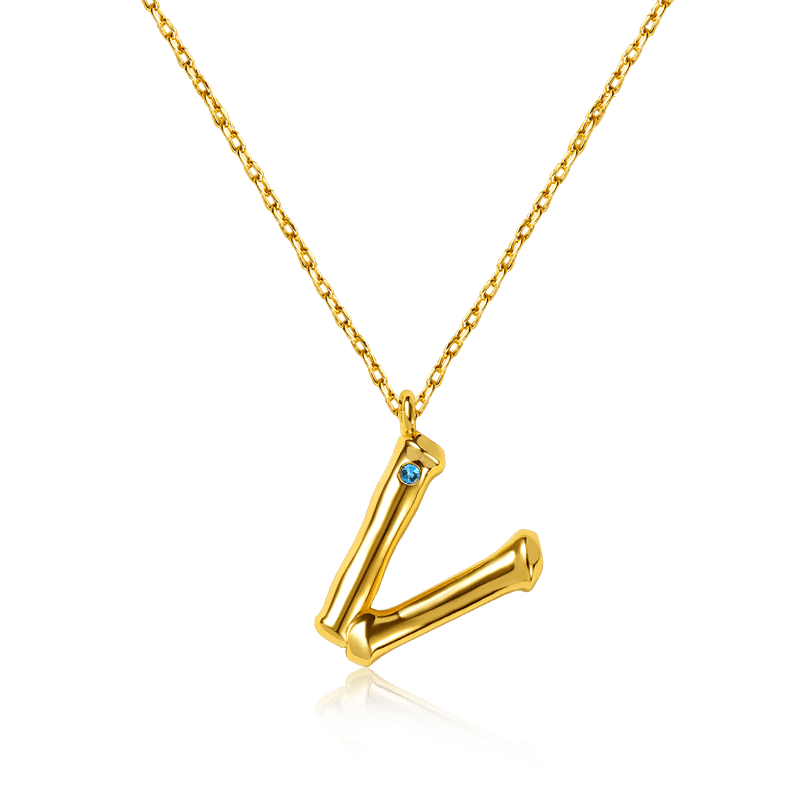 Letter V Pendant Bamboo Initial Necklace Adjustable Chain Length 18k Gold Plated 925 Sterling Silver_1