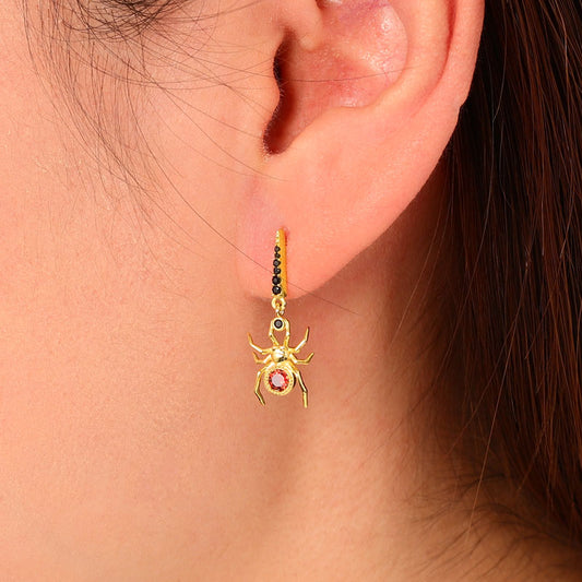 Spider Earrings Sterling Silver 18k Gold Plated with Red Stone_3