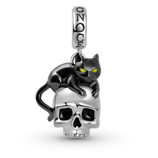Black Cat with Skull Pendant Dangle Charm Sterling Silver_1