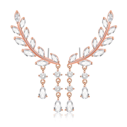 Leaves Ear Climbers Tassel with Rose Gold Plated Brass_1