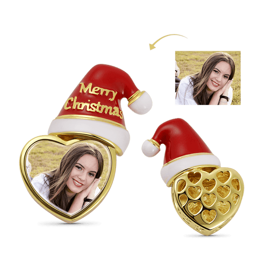 Christmas Hat with Heart-shaped Personalized Photo Charm Bead 925 Sterling Silver 18k Gold Plated_1